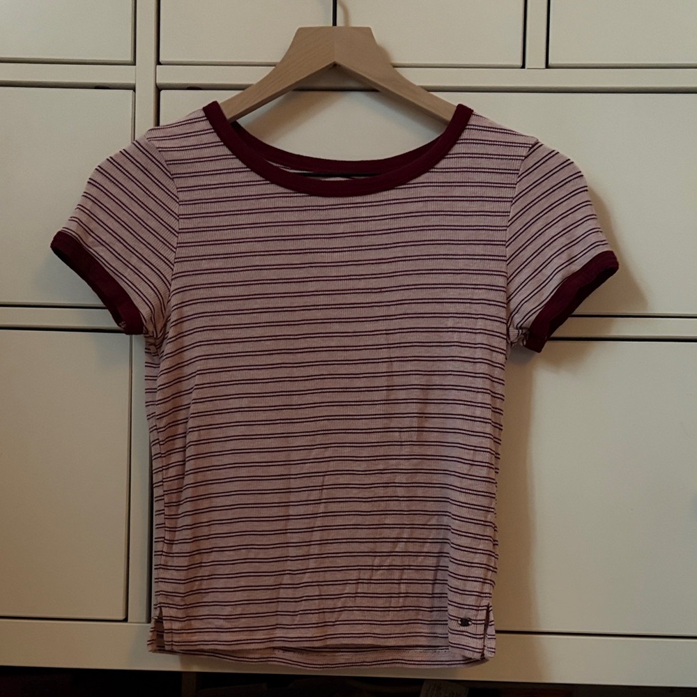 Aeropostale Burgundy and White Striped Short Sleeve Tee